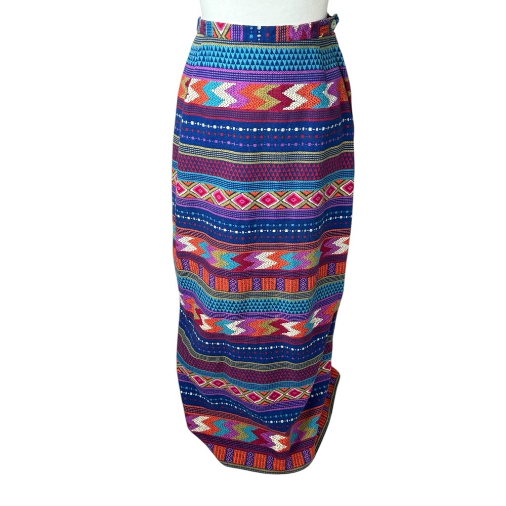 Vtg 70s Prestige Boston Colorful Patterned tribal Maxi Skirt women small 26”